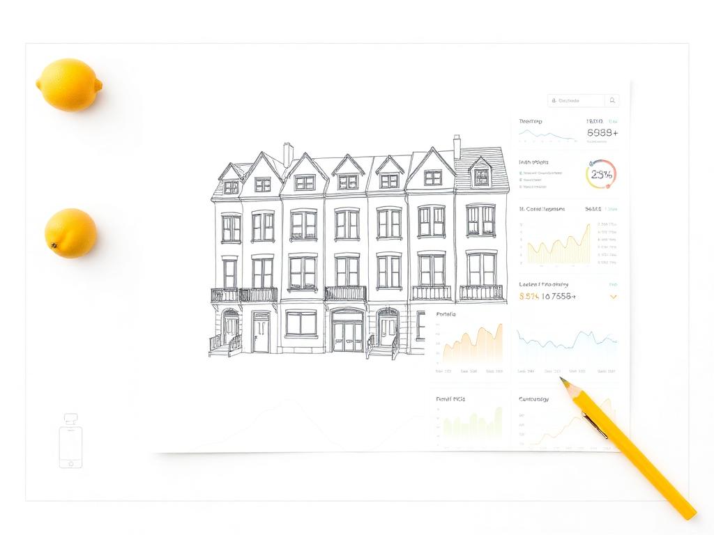 Pencil sketch of townhouses layered with a portfolio analytics dashboard
