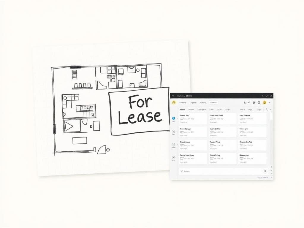Hand-drawn floor plan with a For Lease sign beside a leasing pipeline interface