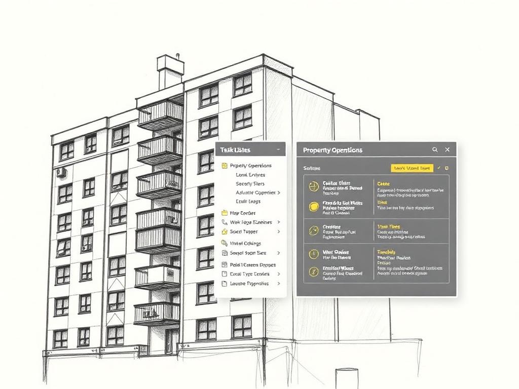 Hand-drawn apartment building sketch layered with a property operations task interface