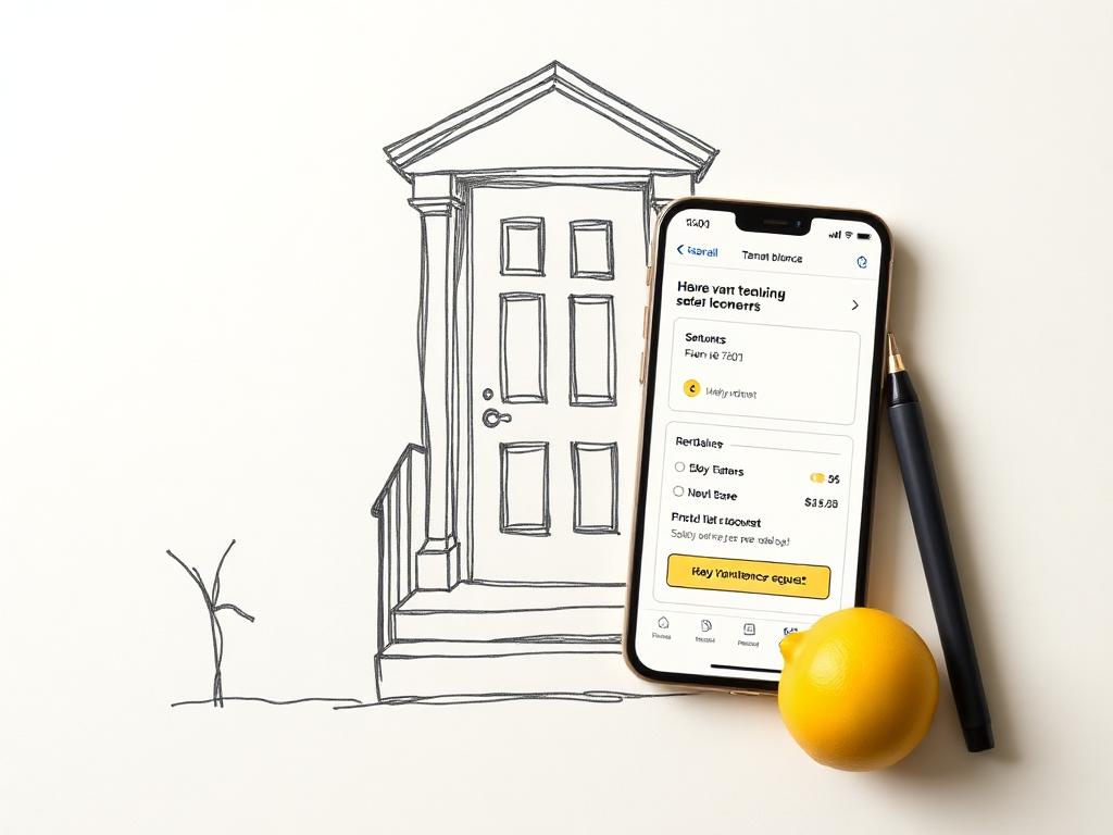 Ink sketch of a residential doorway beside a mobile tenant portal screen